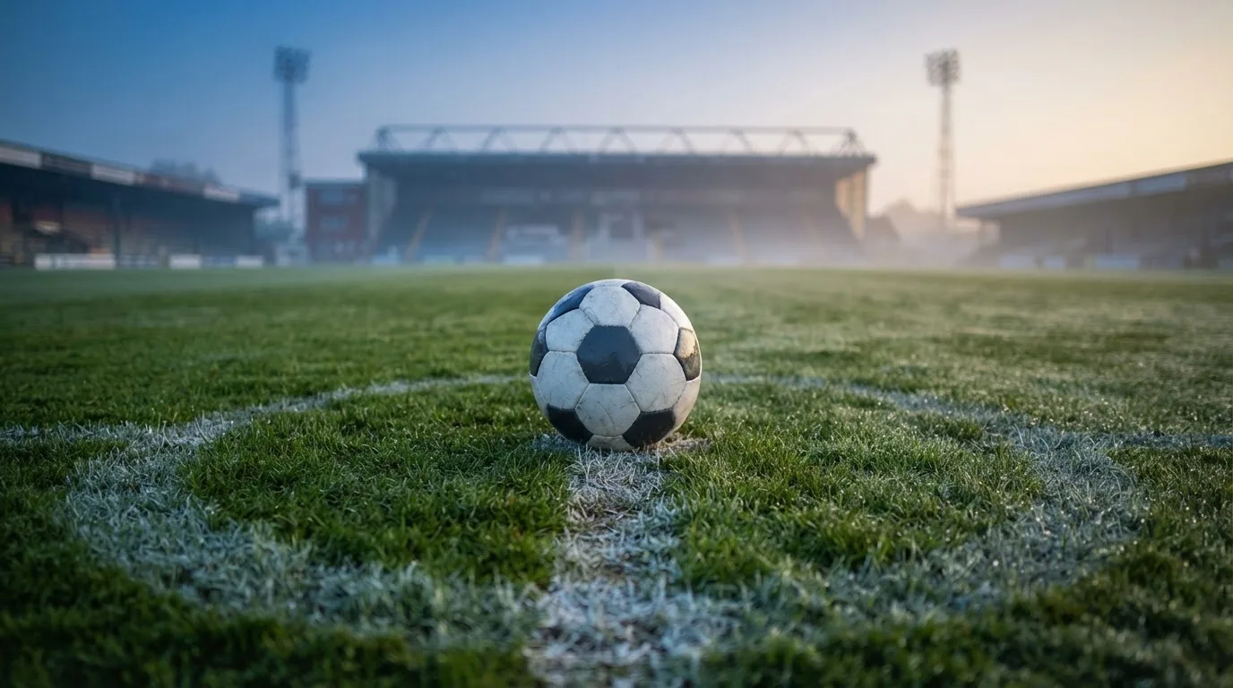 Ein einzelner Fussball liegt auf dem Anstosspunkt eines leeren Rasenplatzes am frühen Morgen, Tau glitzert auf dem Gras, die Tribüne liegt im Dunst.