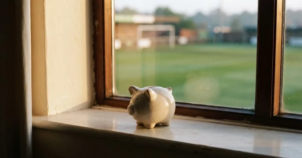 Ein kleines Sparschwein aus Keramik steht auf einem Fensterbrett, im Hintergrund ein verschwommener Rasenplatz im Morgenlicht.