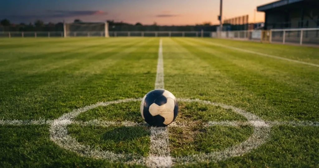 Ein Fussball liegt auf dem Mittelkreis eines Rasenfelds, die weissen Linien kreuzen sich auf dem gepflegten Gras im warmen Abendlicht.