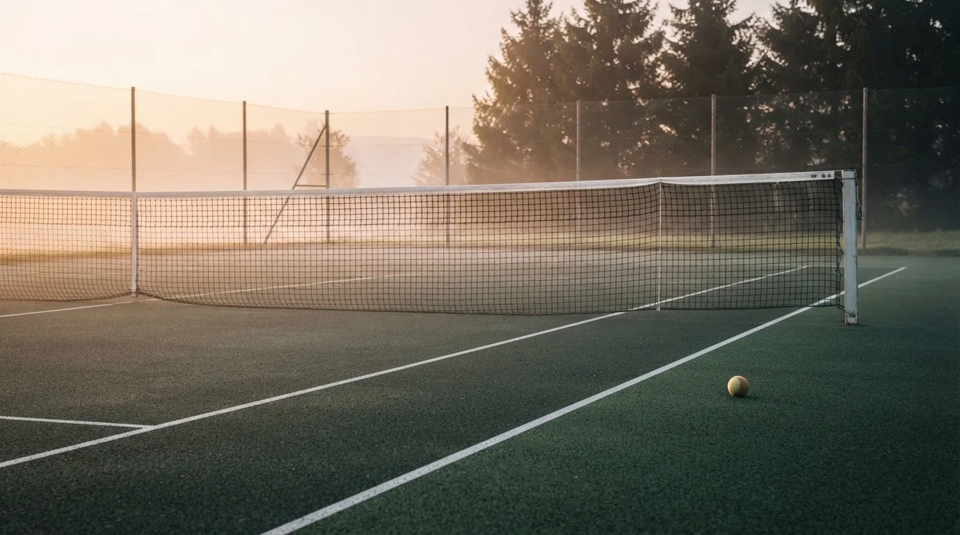Ein Tennisplatz bei Sonnenaufgang, die Linien frisch gezogen, das Netz in der Mitte und Nebel über dem Boden.
