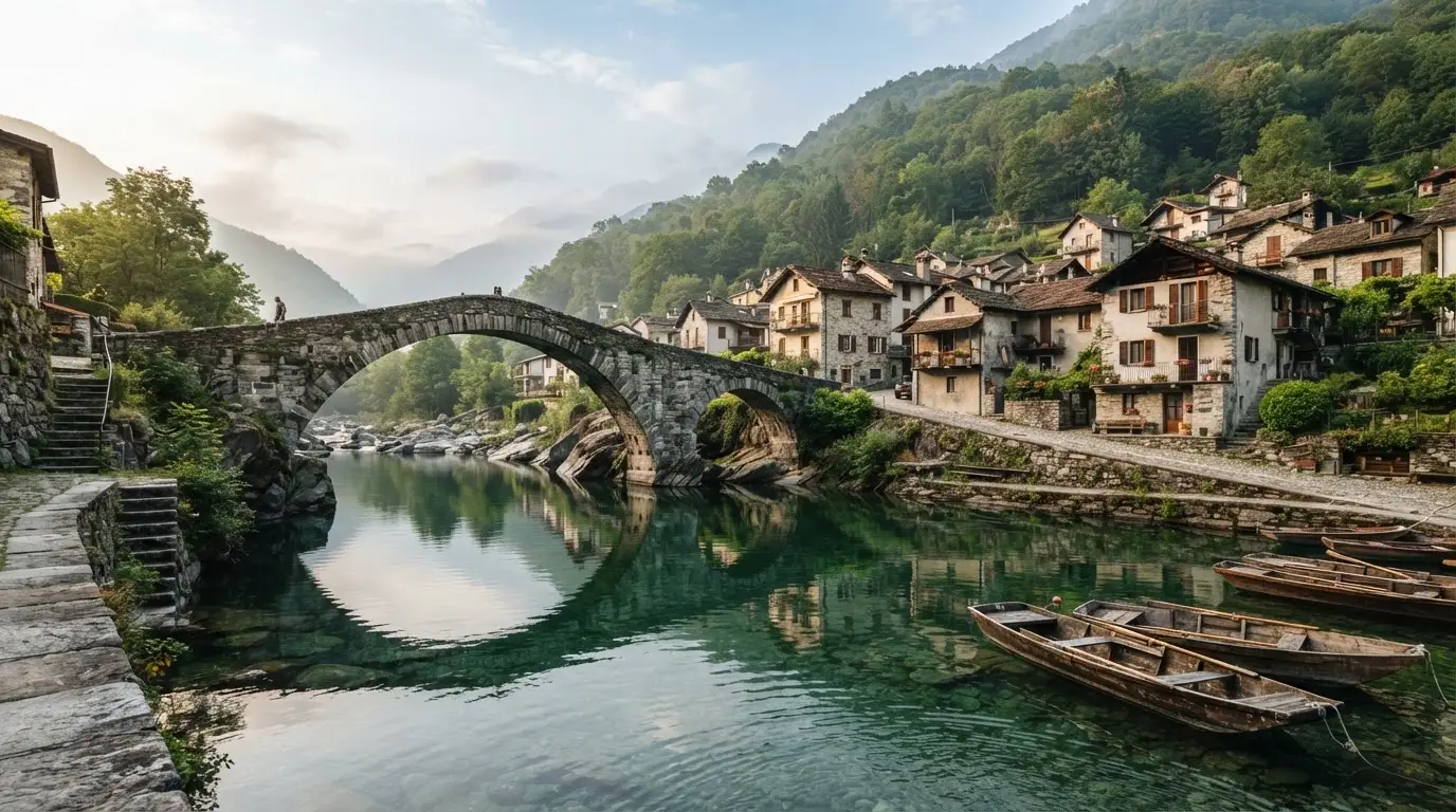Eine alte Steinbrücke über einen ruhigen Fluss, dahinter Häuser mit Ziegeldächern und bewaldete Hügel.