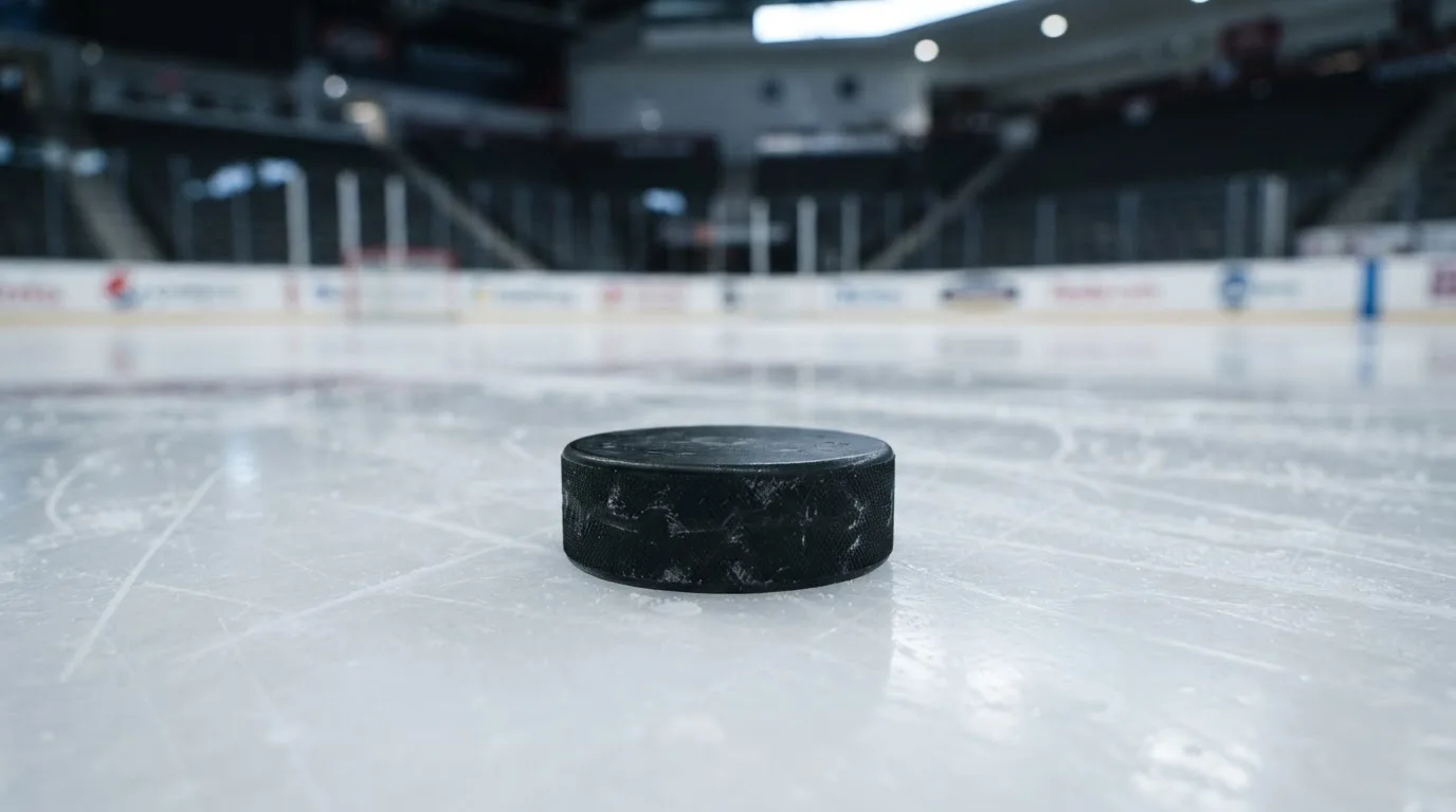 Ein Eishockeypuck liegt auf dem Eis, im Hintergrund unscharf die Bande unter hellem Hallenlicht.