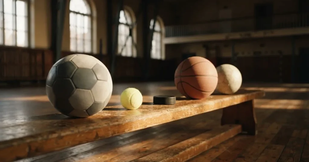 Fünf Sportbälle verschiedener Sportarten stehen in einer Reihe auf einer Holzbank in einer Turnhalle, Licht fällt durch hohe Fenster.