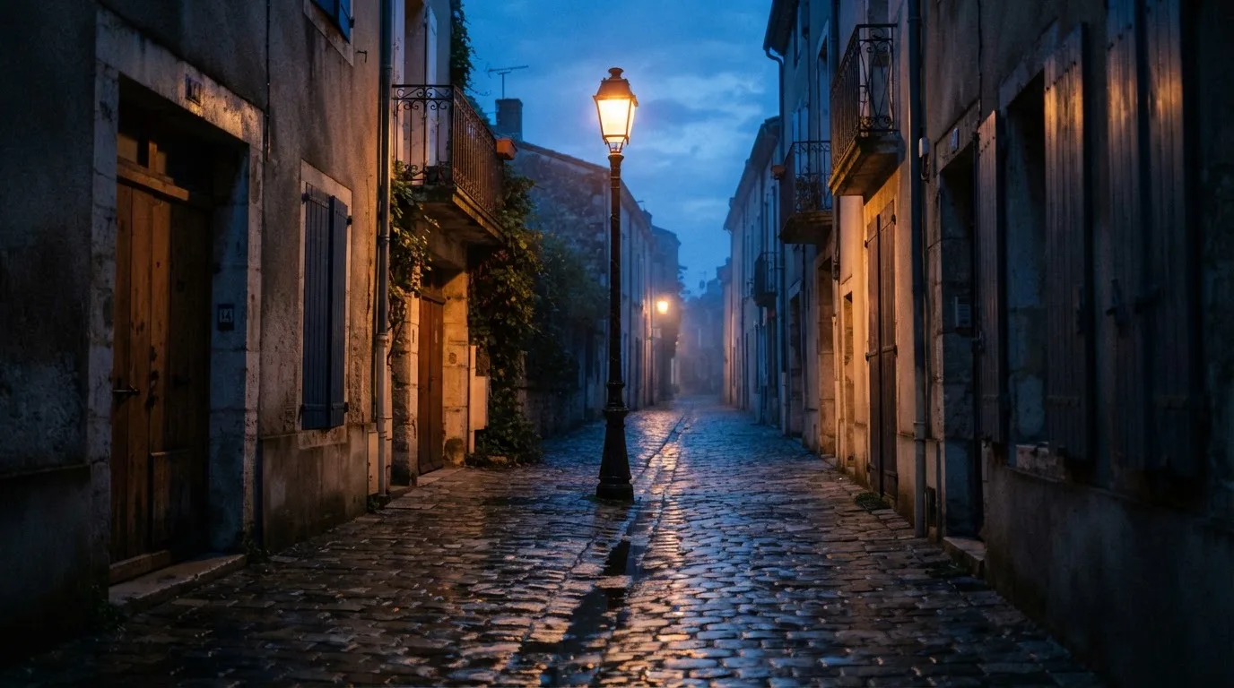 Eine Strassenlaterne in einer leeren Gasse am Abend, das nasse Kopfsteinpflaster spiegelt das warme Licht.