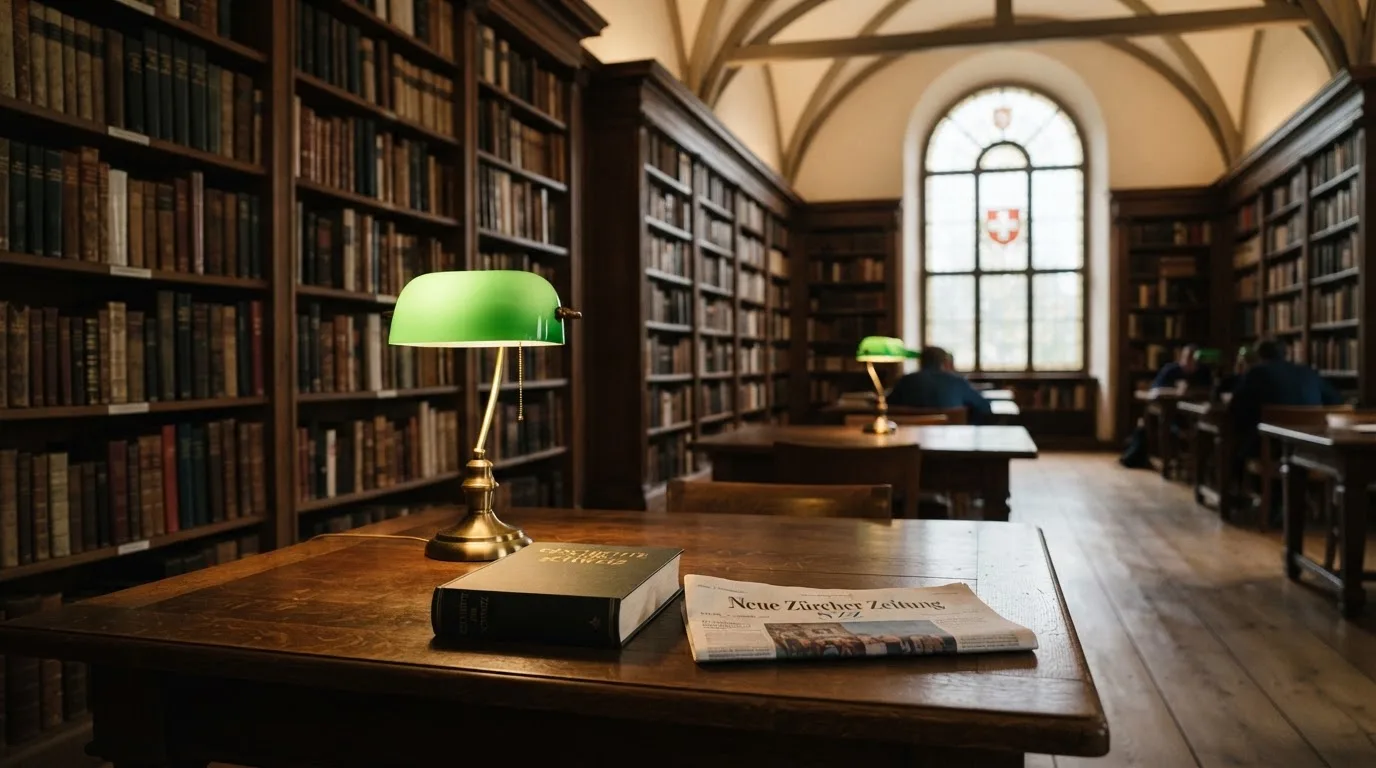 Eine Bibliothek mit hohen Holzregalen voller Bücher, im Vordergrund ein Lesetisch mit grüner Lampe.