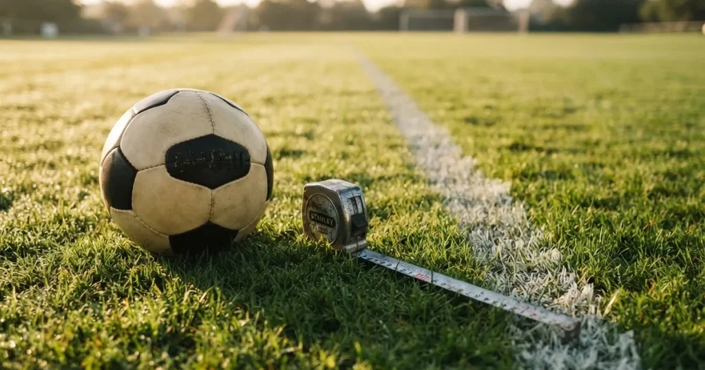 Ein Fussball und ein Massband liegen auf kurz geschnittenem Rasen neben einer Kreidelinie, Morgenlicht von der Seite.