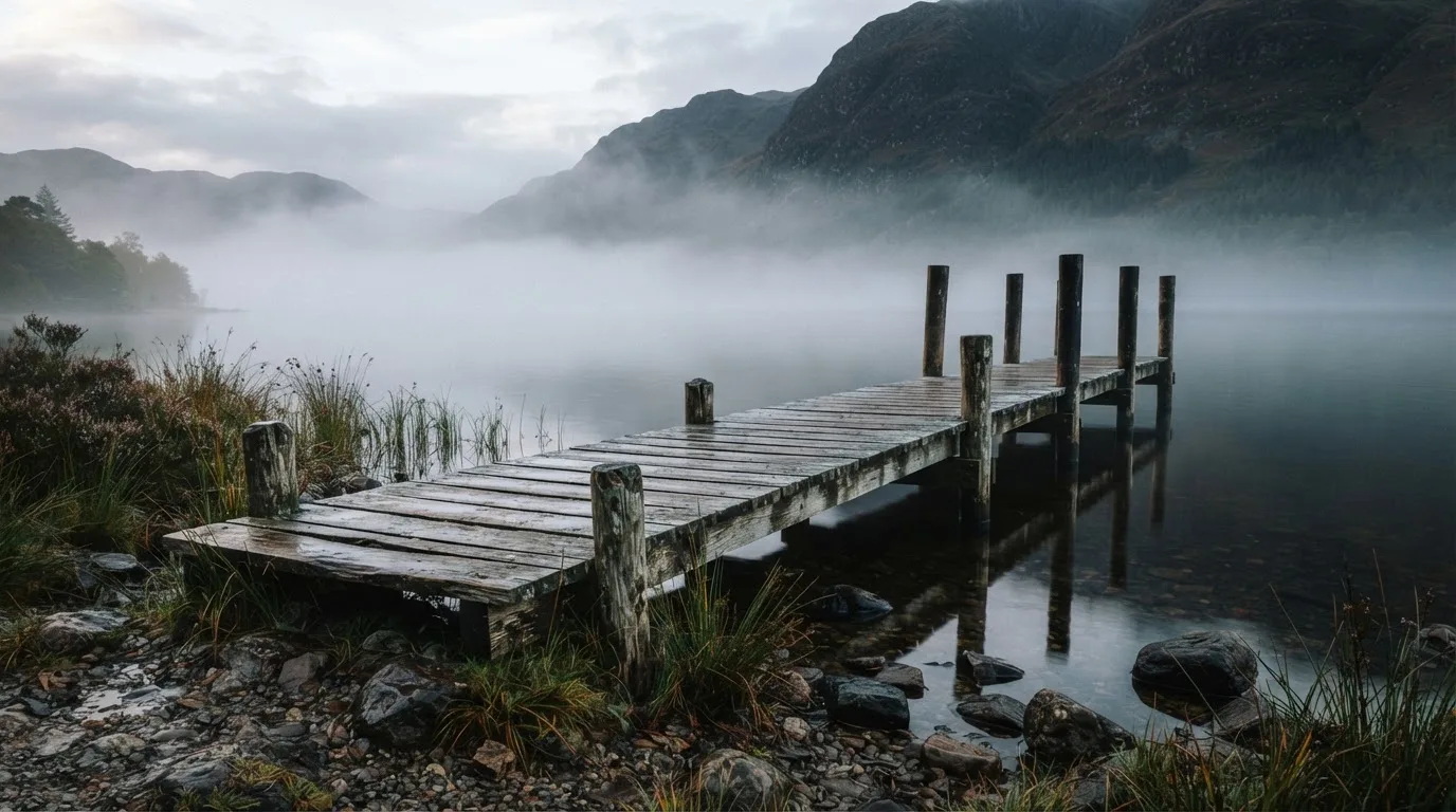 Ein Seeufer mit einem hölzernen Steg, Nebel liegt über dem Wasser, am anderen Ufer erheben sich Berge.