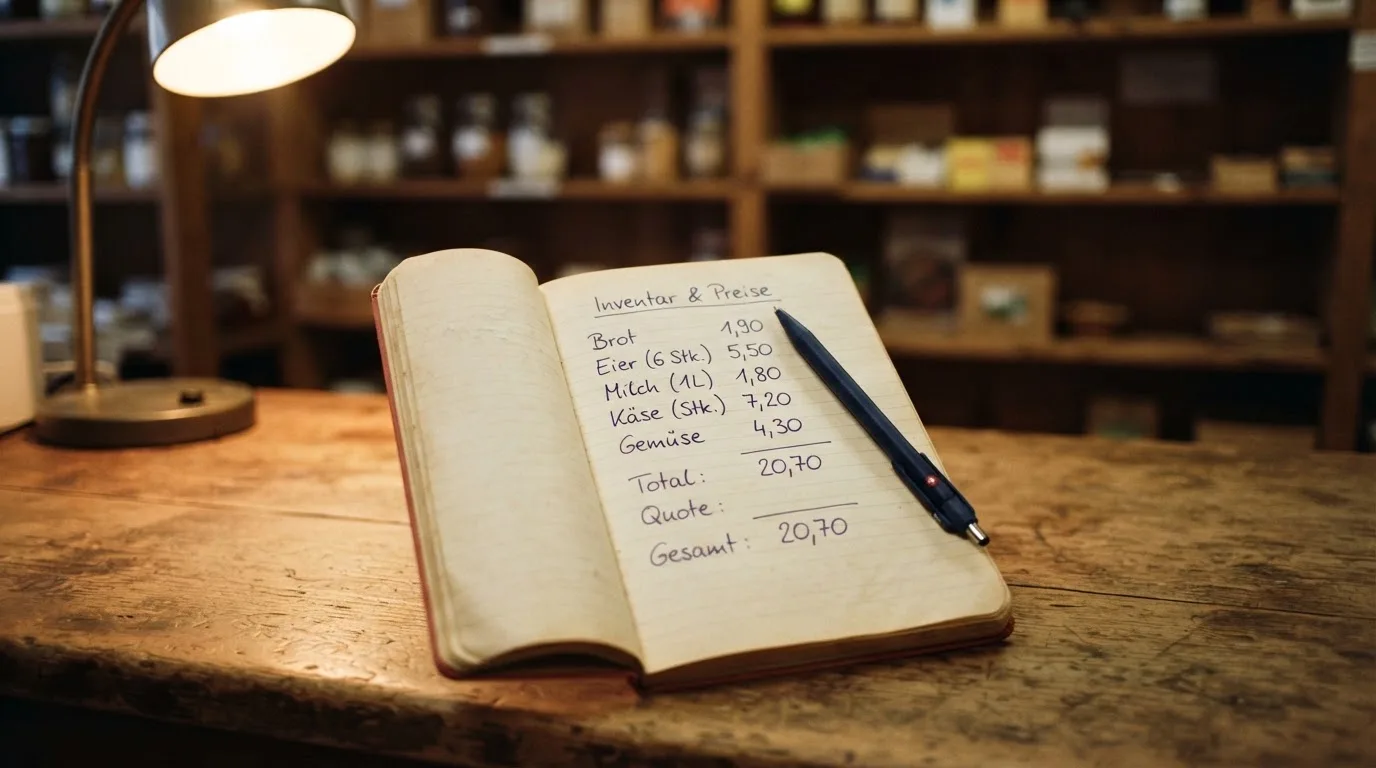 Ein alter Holztresen mit einem Notizbuch und einem Taschenrechner in warmem Lampenlicht, Regale im Hintergrund.