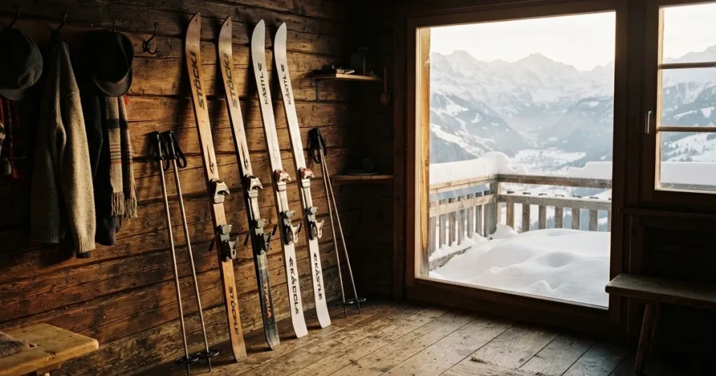 Mehrere Skier und Stöcke lehnen ordentlich in einer Reihe an der Holzwand einer Berghütte, vor dem Fenster liegt Schnee.