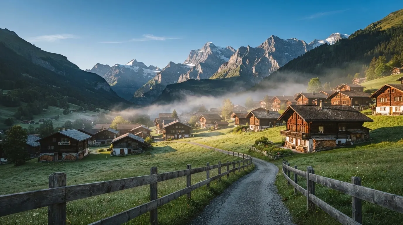 Ein Bergdorf mit Holzhäusern im Tal an einem klaren Morgen, über den Dächern liegen Nebelschwaden und ferne Gipfel.