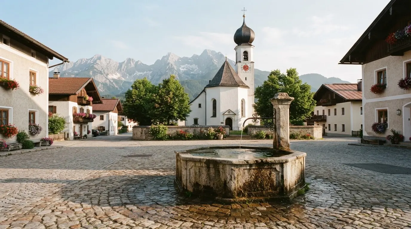 Ein Brunnen auf einem Dorfplatz mit Kopfsteinpflaster, im Hintergrund eine Kirche mit Zwiebelturm und Berge.