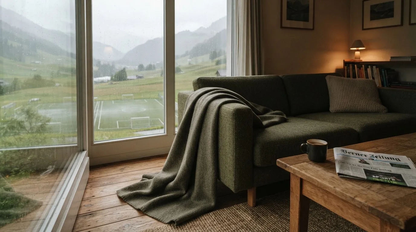 Ein Sofa mit Wolldecke steht vor einem grossen Fenster, draussen Regen und in der Ferne ein Fussballplatz.