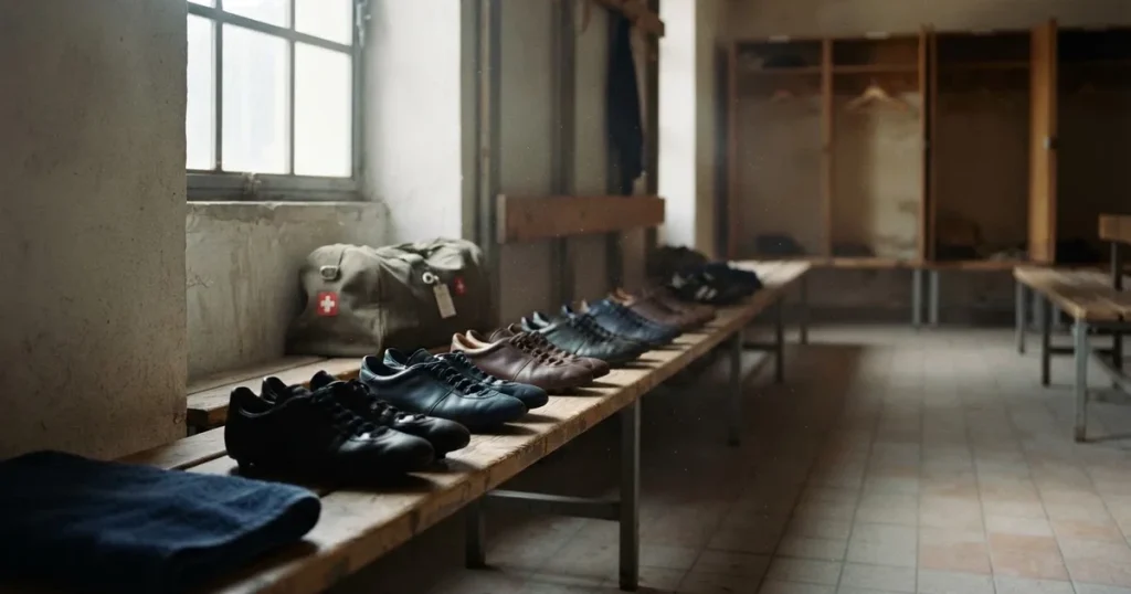 Eine Reihe Sportschuhe steht auf einer Bank in einer Umkleide, Licht fällt aus einem hohen Fenster.