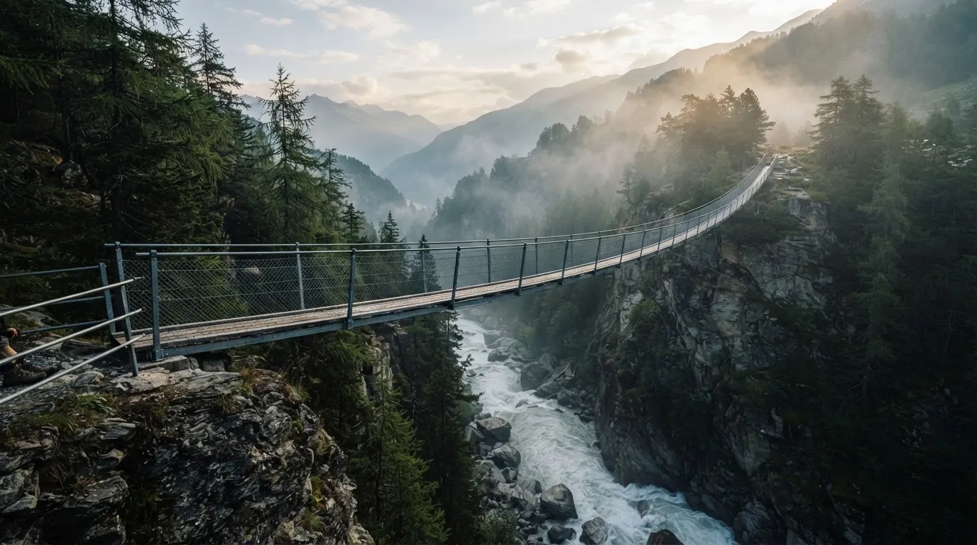 Eine Hängebrücke spannt sich über eine tiefe Schlucht, unten rauscht ein Fluss zwischen bewaldeten Felswänden.