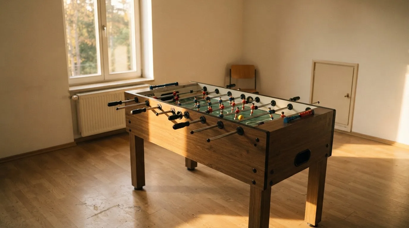 Ein Tischfussballtisch steht in einem leeren Aufenthaltsraum, Nachmittagslicht fällt durch ein Fenster.