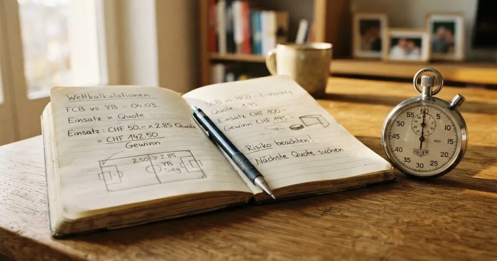 Ein aufgeschlagenes Notizbuch mit handschriftlichen Notizen und Skizzen liegt neben einer Stoppuhr auf einem Holztisch.