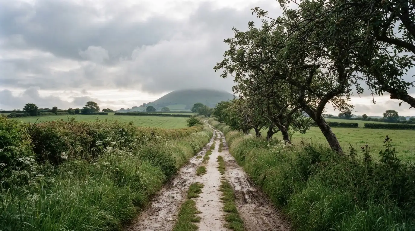 Ein Feldweg führt zwischen Wiesen zu einem Hügel, der Himmel ist bewölkt, am Wegrand stehen Obstbäume.