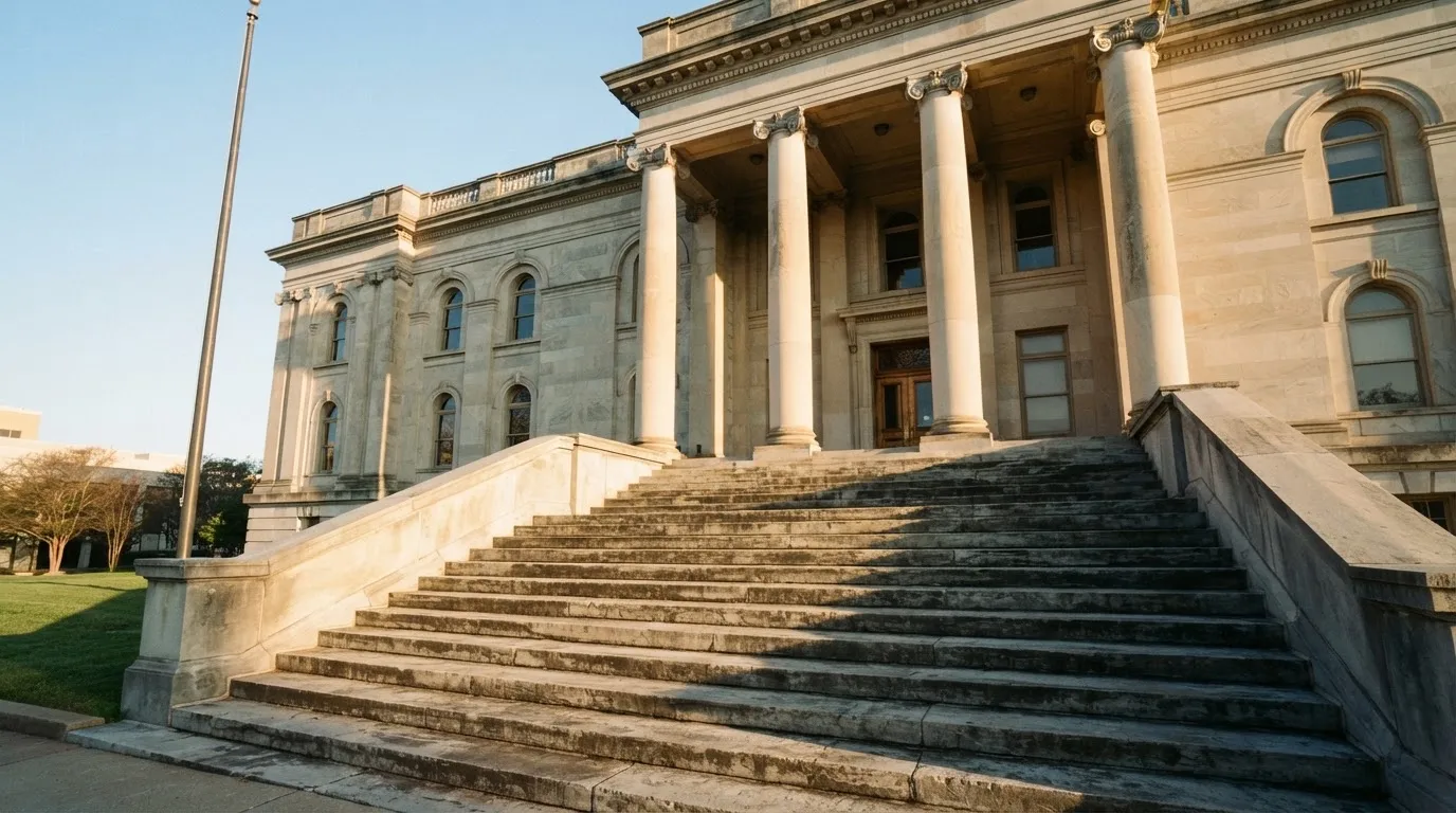 Eine breite Steintreppe führt zu einem Gebäude mit Säulen, die Morgensonne scheint, niemand ist zu sehen.