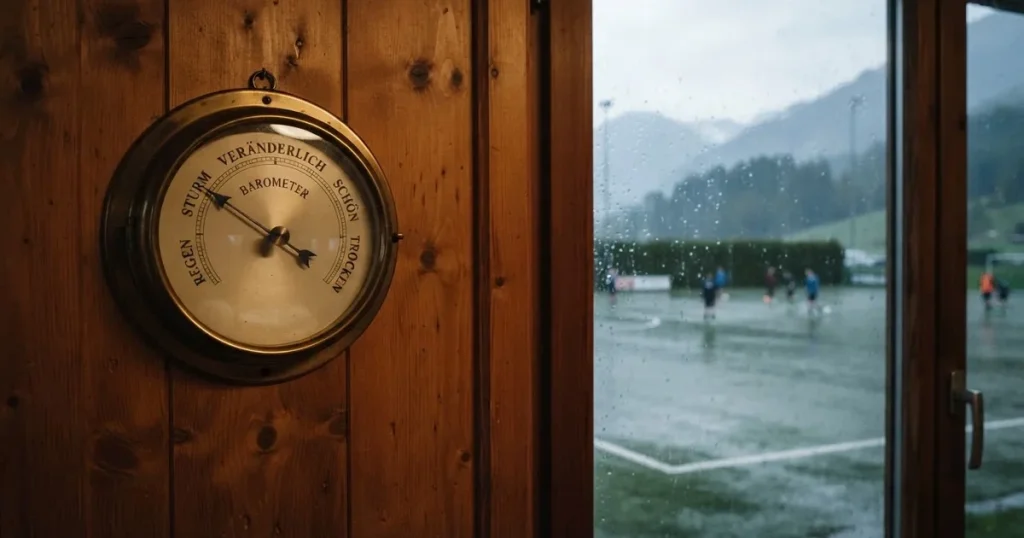 Ein Wetterbarometer hängt an einer Holzwand neben einem Fenster, draussen liegt ein nasser Fussballplatz im Regen.