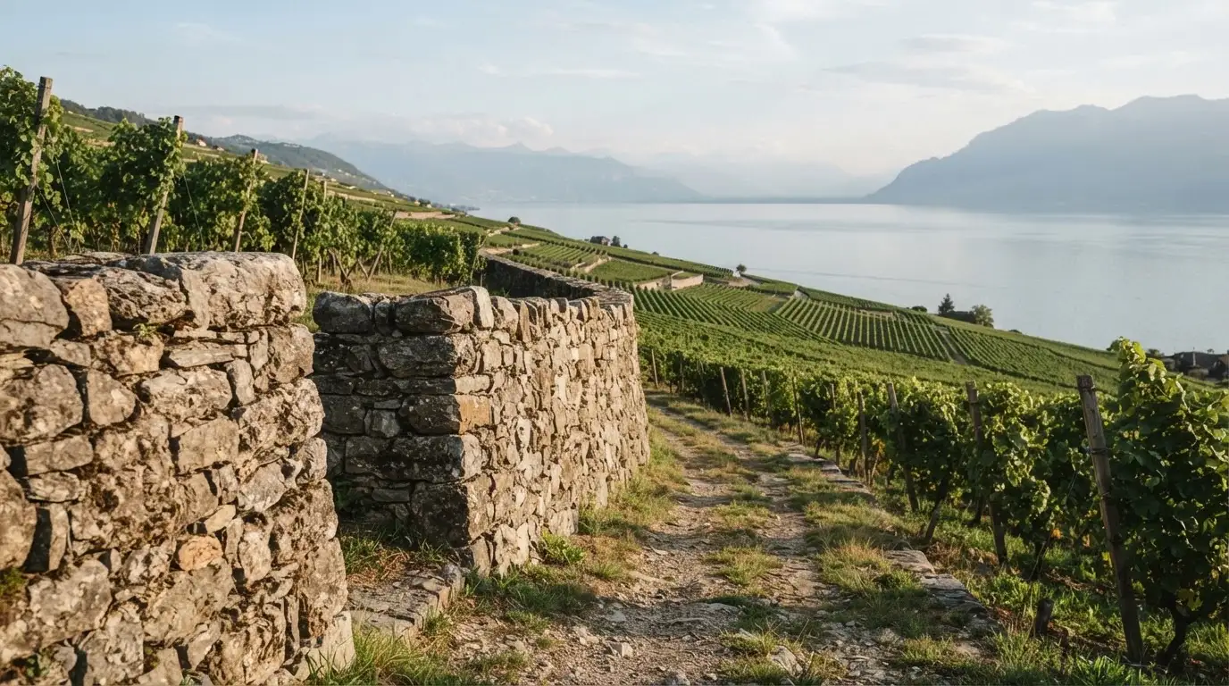 Eine Mauer aus Natursteinen am Wegrand, dahinter Weinberge, die zu einem See hinabführen.