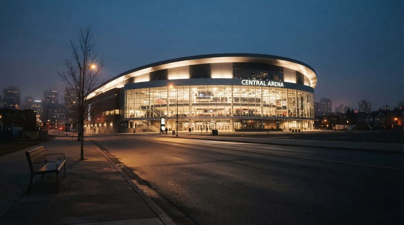 Ein grosses Eisstadion aus der Ferne gesehen, hell erleuchtet von Flutlicht in der Abenddämmerung, davor eine leere Strasse.