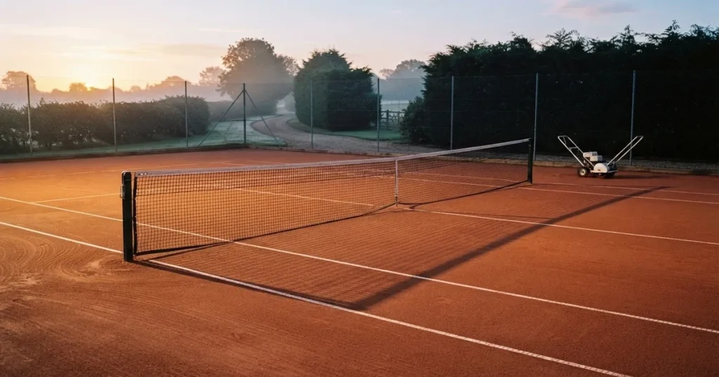Ein Sandplatz für Tennis liegt bei Sonnenaufgang still da, das Netz wirft einen langen Schatten über die weissen Linien.