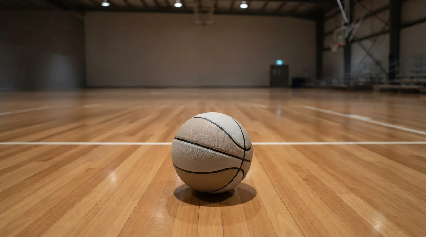 Ein Basketball liegt auf dem Parkett einer leeren Halle, von den Deckenlampen fällt gleichmässiges Licht auf den Boden.