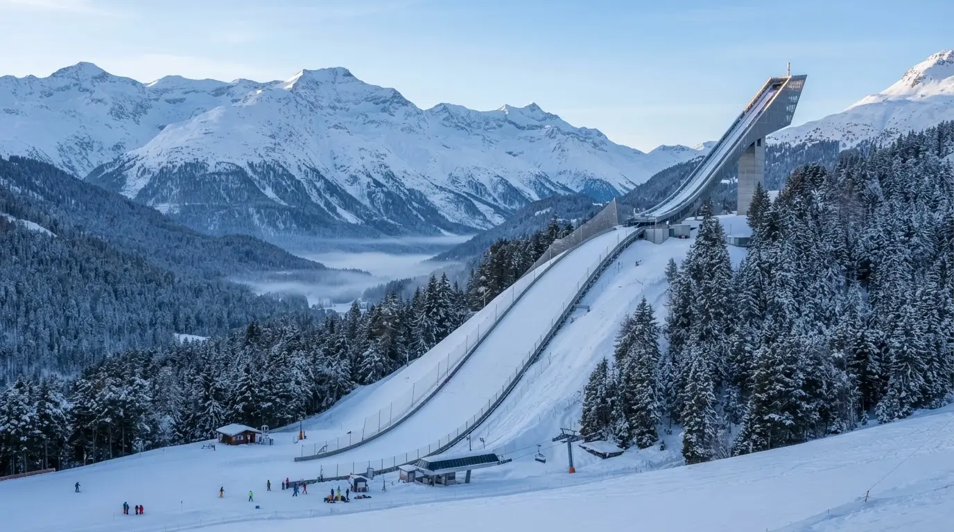 Eine Skisprungschanze erhebt sich vor verschneiten Bergen im Morgenlicht, die Hänge sind unberührt und ruhig.