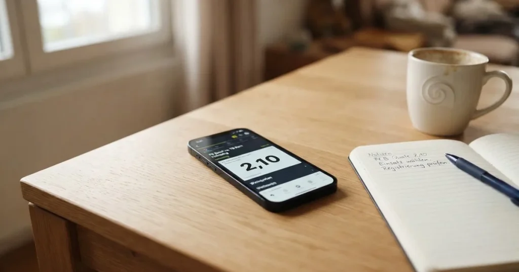 Ein Smartphone mit dunklem Display liegt neben einer Kaffeetasse auf einem hellen Tisch, daneben ein Notizblock.