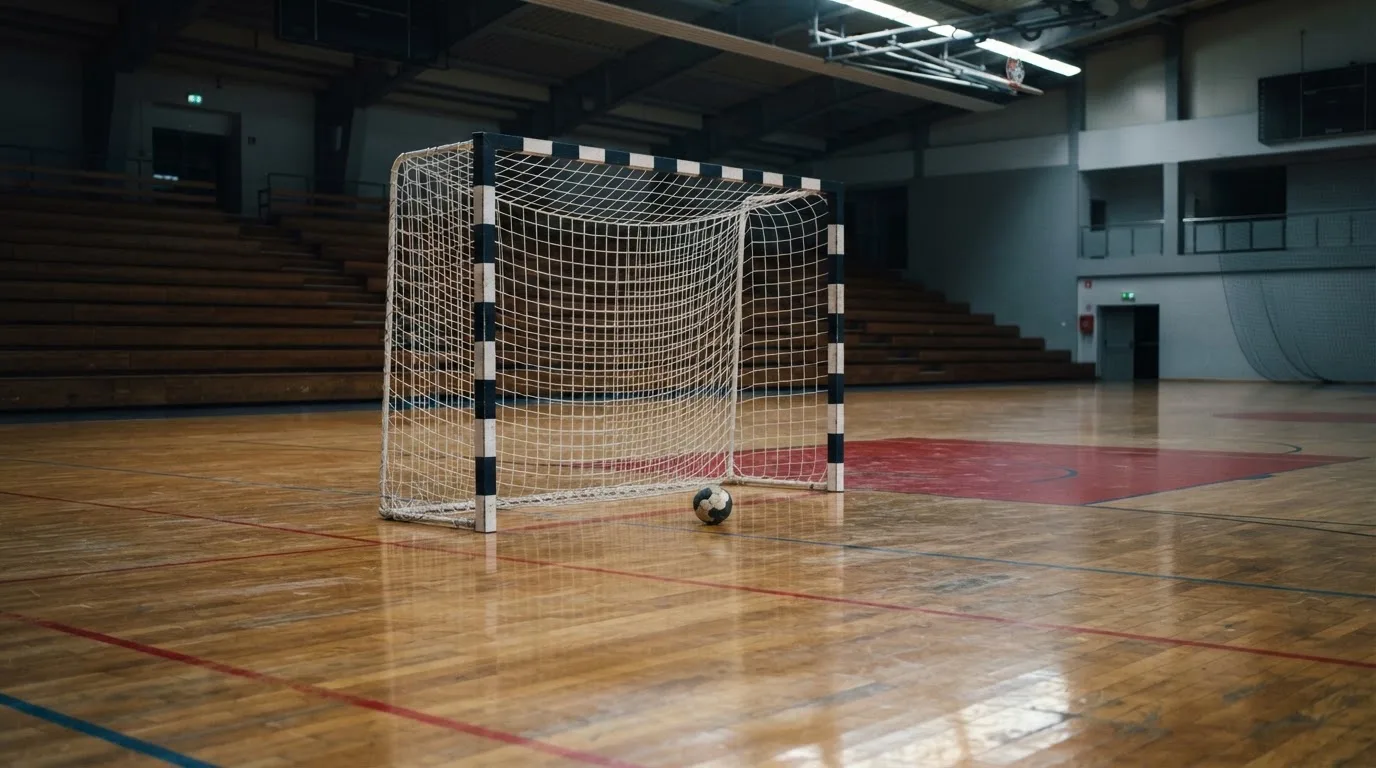 Ein Handballtor in einer leeren Sporthalle, der Ball liegt im Torraum und das Hallenlicht spiegelt sich im Parkett.