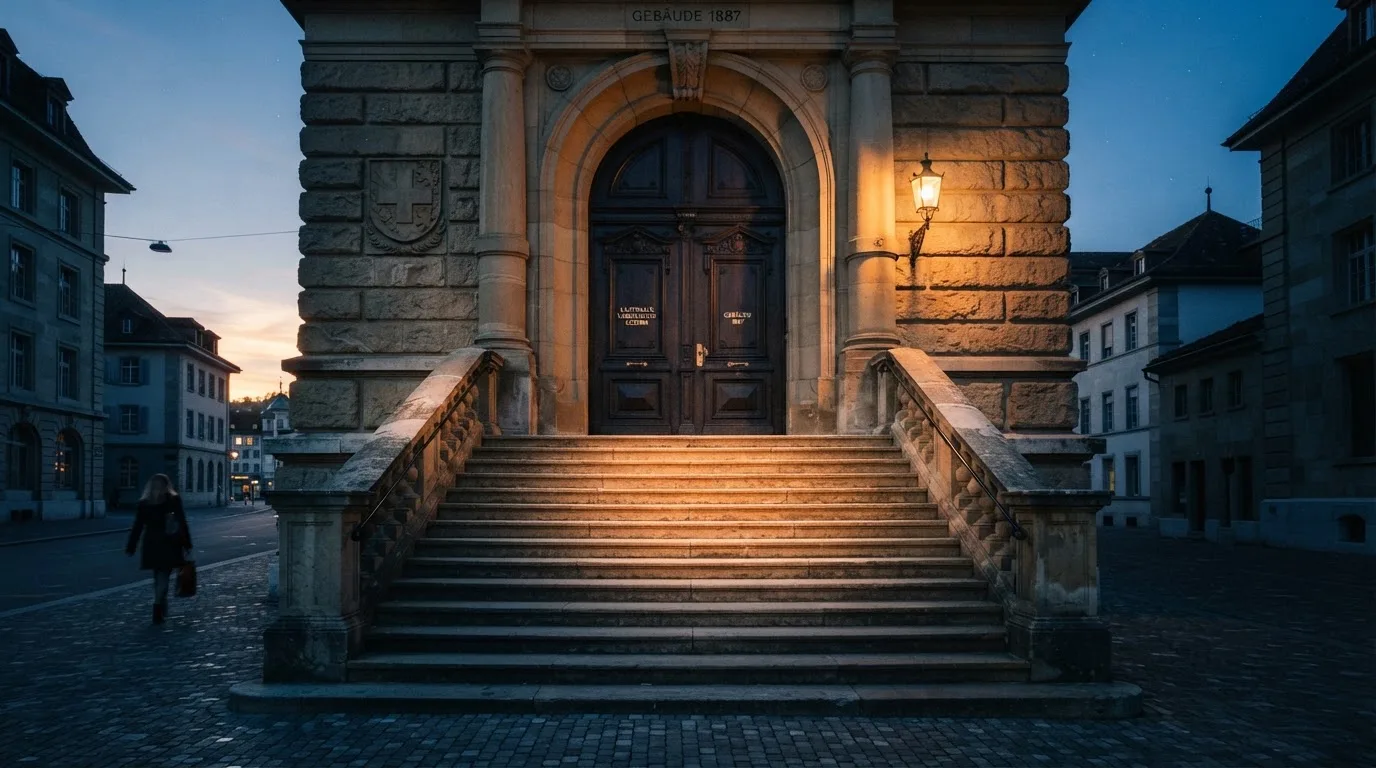 Eine breite Steintreppe führt zu einem hohen Portal aus dunklem Holz, das Licht der Dämmerung liegt auf den Stufen.