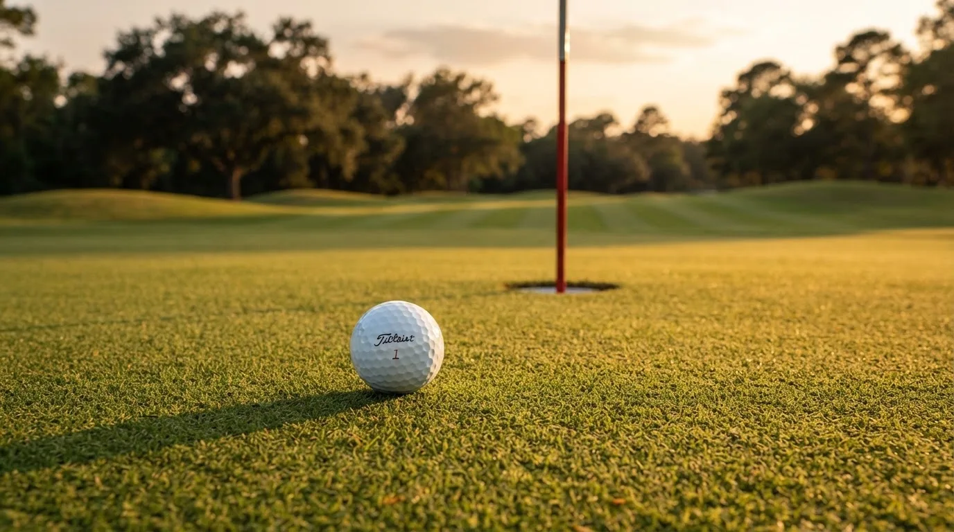 Ein Golfball liegt auf einem gepflegten Grün nahe am Loch, im goldenen Licht der Abendsonne.