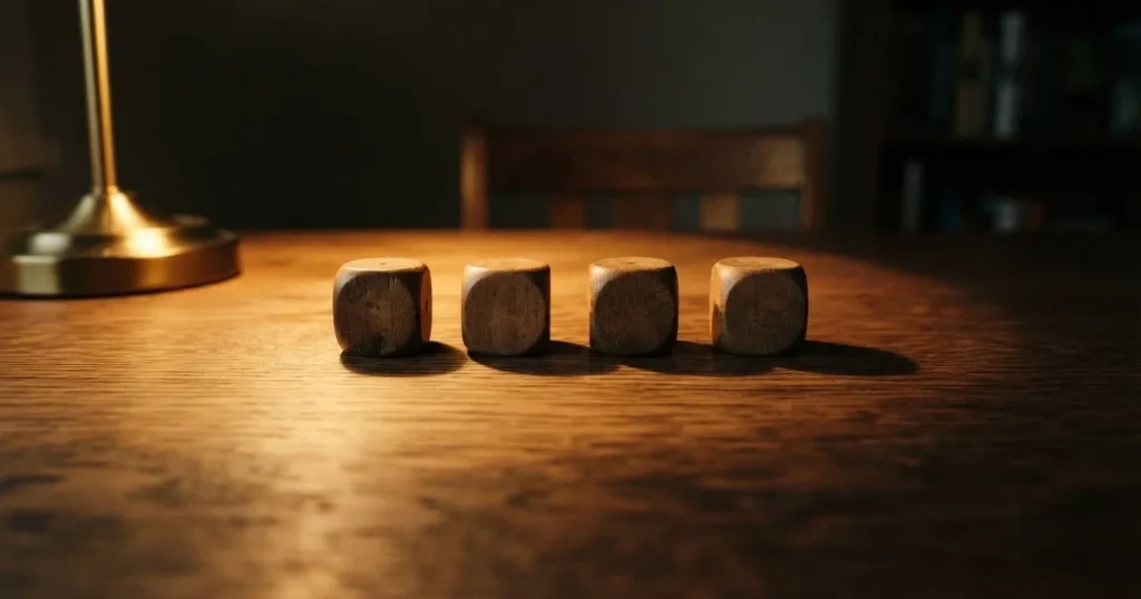 Vier Holzwürfel stehen in einer Reihe auf einem Tisch, das Licht einer Lampe wirft vier Schatten auf die Platte.