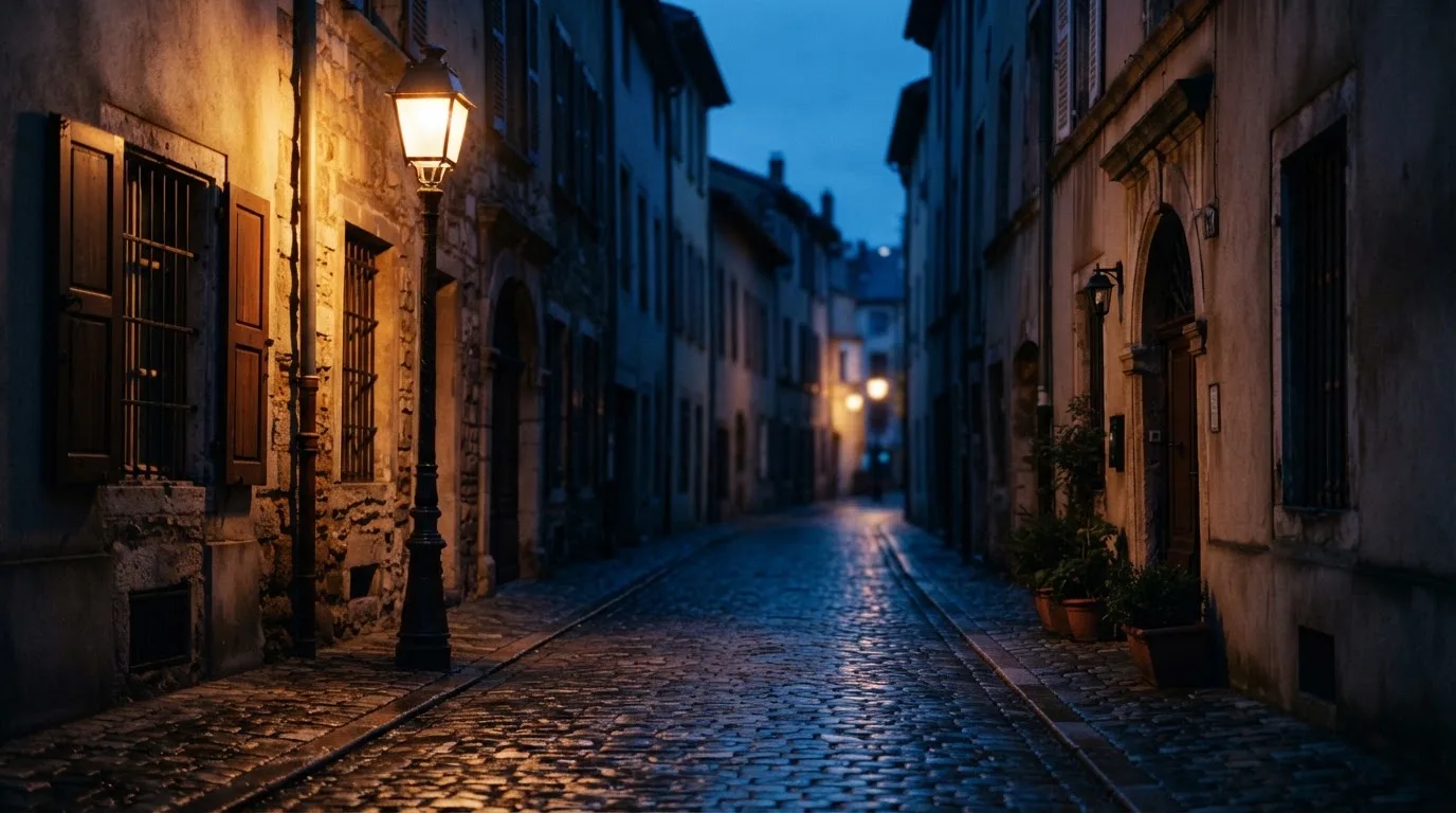 Eine gusseiserne Strassenlaterne in einer ruhigen Altstadtgasse am Abend, das Kopfsteinpflaster glänzt feucht.