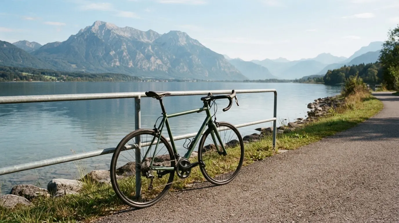 Ein Rennrad lehnt an einem Geländer am Seeufer, dahinter liegt ruhiges Wasser vor einer Bergkette.