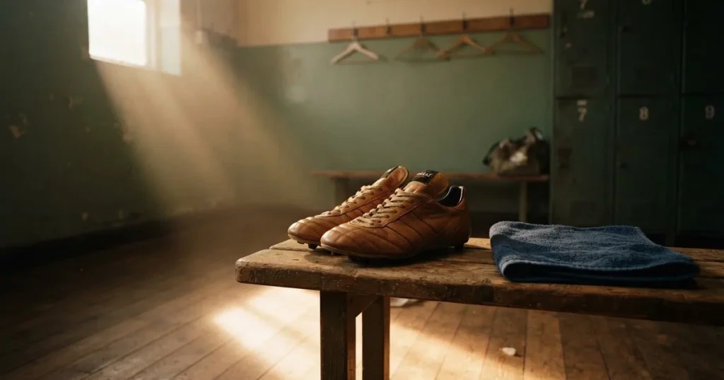 Ein Paar Fussballschuhe steht auf einer Holzbank in einer leeren Umkleide, Morgenlicht fällt durch ein kleines Fenster.