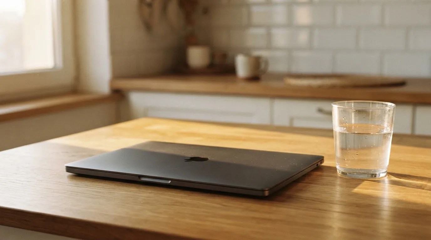 Ein geschlossener Laptop steht neben einem Glas Wasser auf einem Küchentisch im Licht des frühen Morgens.