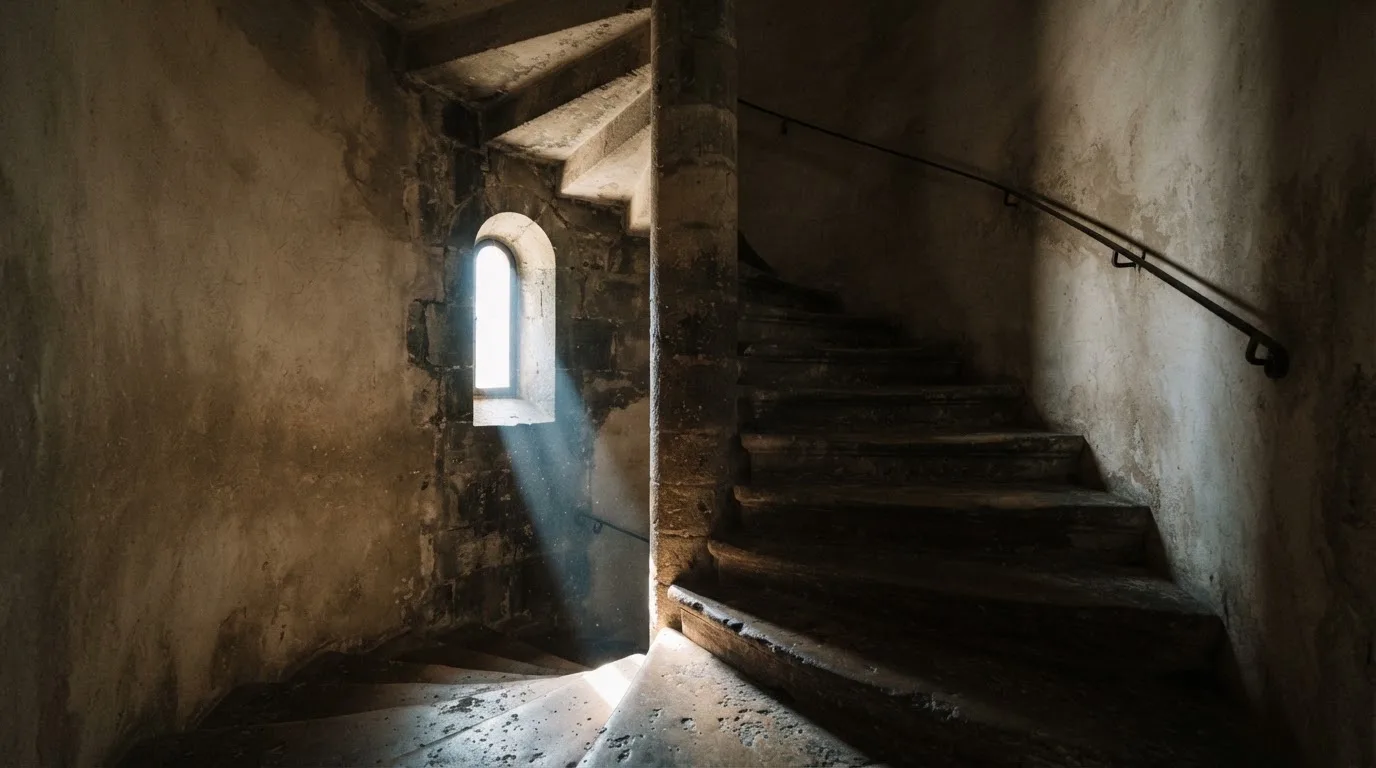 Eine Wendeltreppe aus Stein in einem alten Gebäude, Licht fällt durch ein schmales Fenster auf die Stufen.