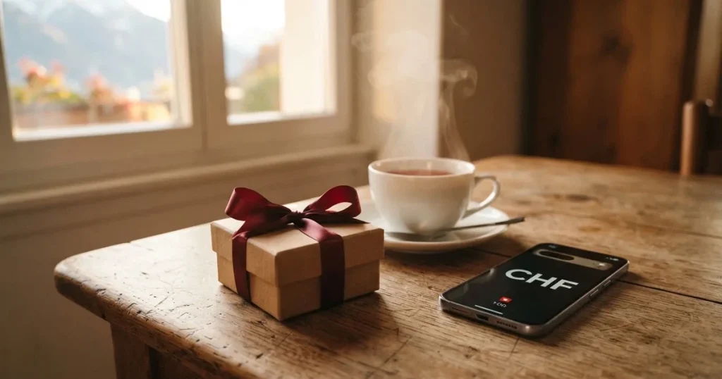 Eine kleine Geschenkschachtel mit Band steht auf einem Holztisch neben einer Tasse Tee im Licht eines Fensters.