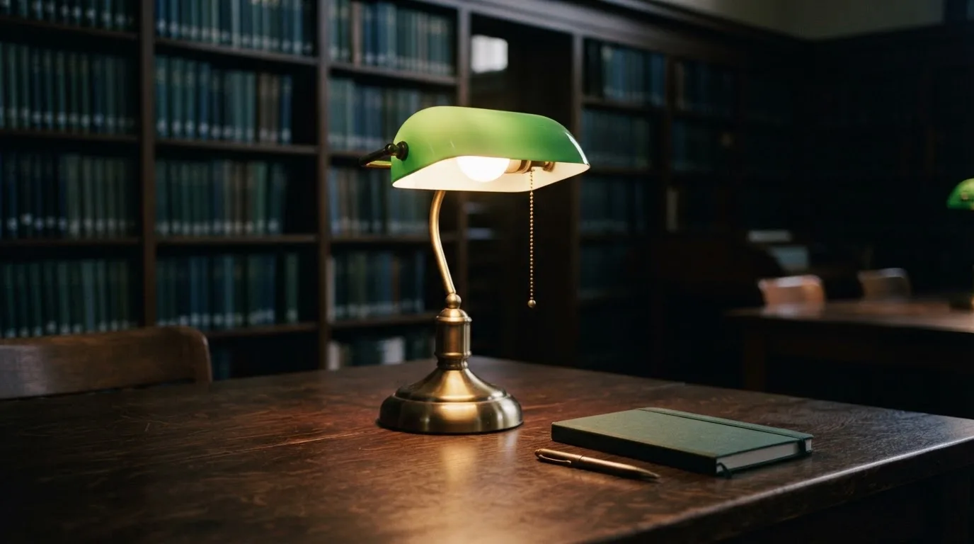 Eine Tischlampe mit grünem Schirm leuchtet auf einem Schreibtisch in einer stillen Bibliothek mit hohen Regalen.