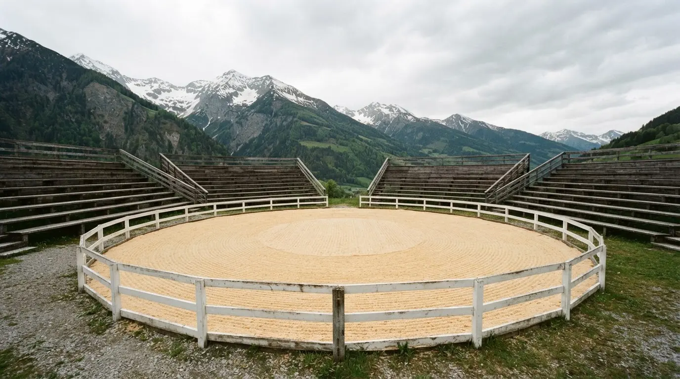 Ein Sägemehlring zwischen Tribünen aus Holz vor Alpenkulisse, ruhig und menschenleer unter bewölktem Himmel.