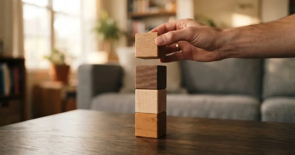 Ein Turm aus vier Holzklötzen steht auf einem Tisch, der oberste Klotz wird gerade vorsichtig aufgesetzt.