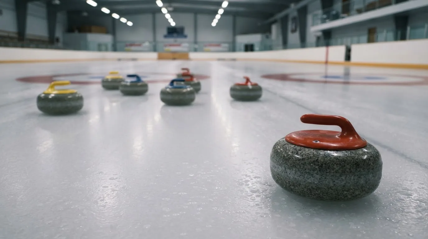 Mehrere Curlingsteine liegen auf einer glatten Eisfläche in einer leeren Halle, Deckenlicht spiegelt sich im Eis.