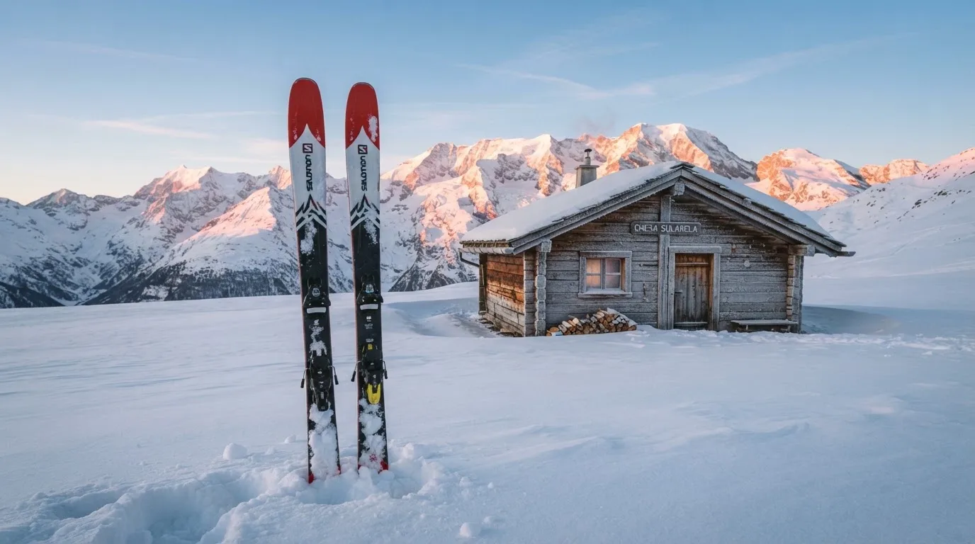Ein Paar Ski steckt aufrecht im Schnee vor einer Berghütte, im Hintergrund färbt der Sonnenaufgang die Gipfel.