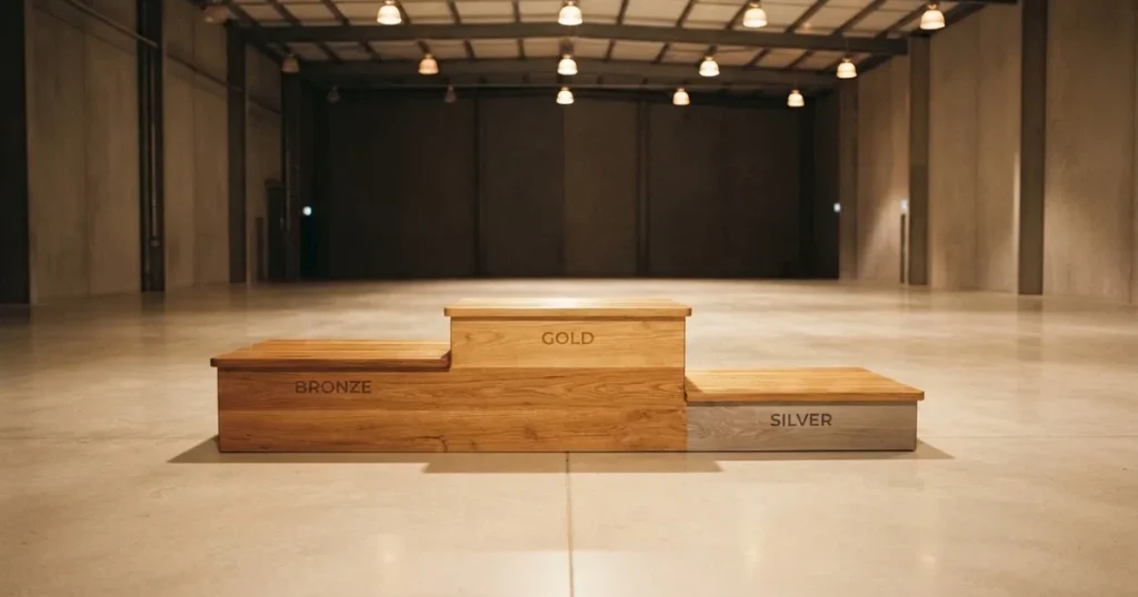 Ein dreistufiges Siegerpodest aus Holz steht in einer leeren Halle, helle Deckenlampen werfen weiche Schatten.