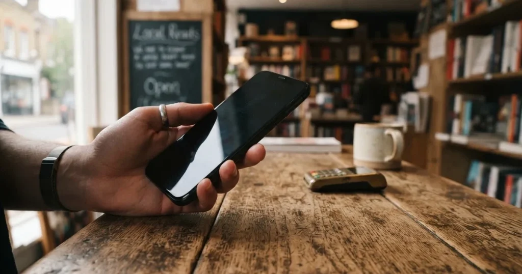 Eine Hand hält ein Smartphone mit dunklem Display knapp über eine hölzerne Ladentheke in einem kleinen Geschäft.