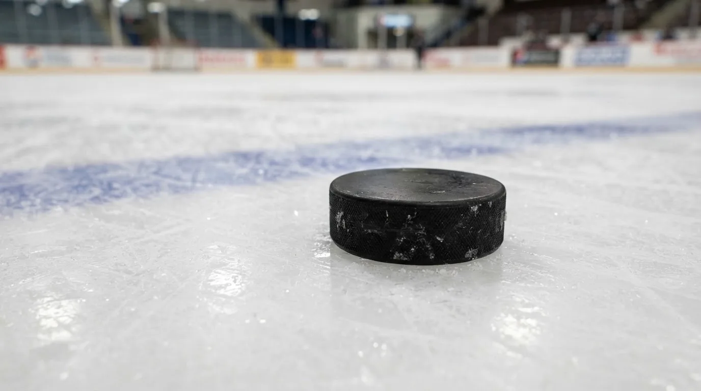 Ein Eishockeypuck liegt in Grossaufnahme auf der Eisfläche, feine Kratzer im Eis glänzen im hellen Hallenlicht.