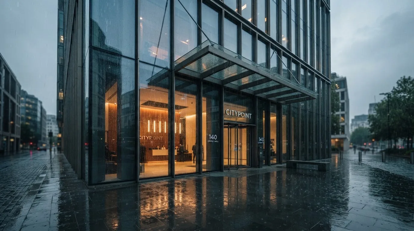 Eine Fassade aus Glas und Stahl am Eingang eines Bürogebäudes im Regen, auf dem nassen Boden spiegelt sich das Licht.