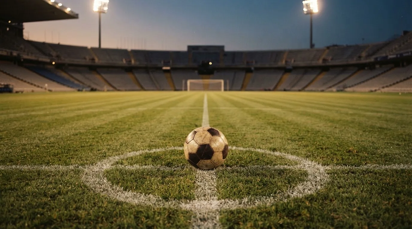 Ein Fussball liegt auf dem Mittelkreis eines leeren Rasenplatzes, dahinter ragen leere Tribünenreihen in den Abendhimmel.
