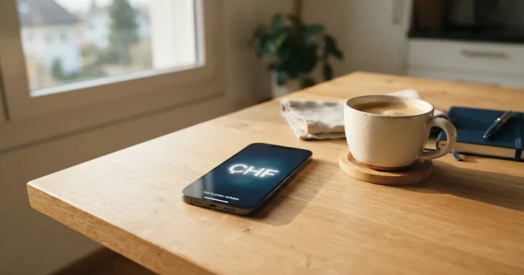Ein Smartphone mit dunklem Display liegt auf einem hellen Holztisch neben einer Kaffeetasse, Morgenlicht fällt schräg durch ein Fenster.